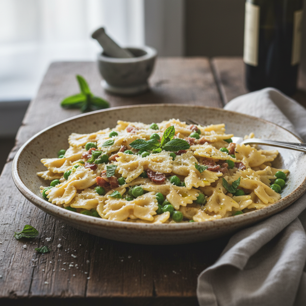 Creamy Farfalle Carbonara with Peas and Mint recipe