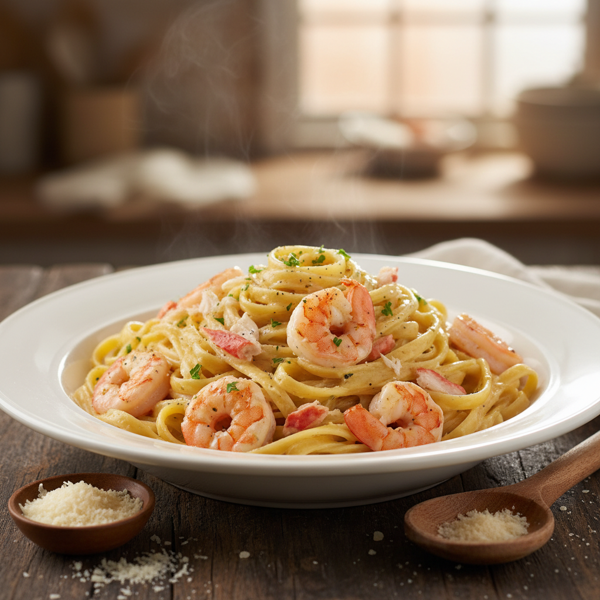 Creamy Fettuccine Alfredo with Succulent Shrimp and Sweet Crab recipe