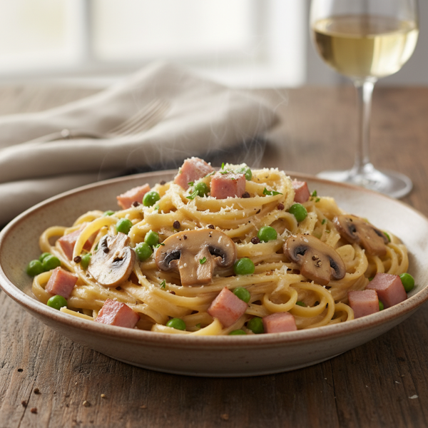 Creamy Fettuccine with Ham, Peas, and Mushrooms recipe