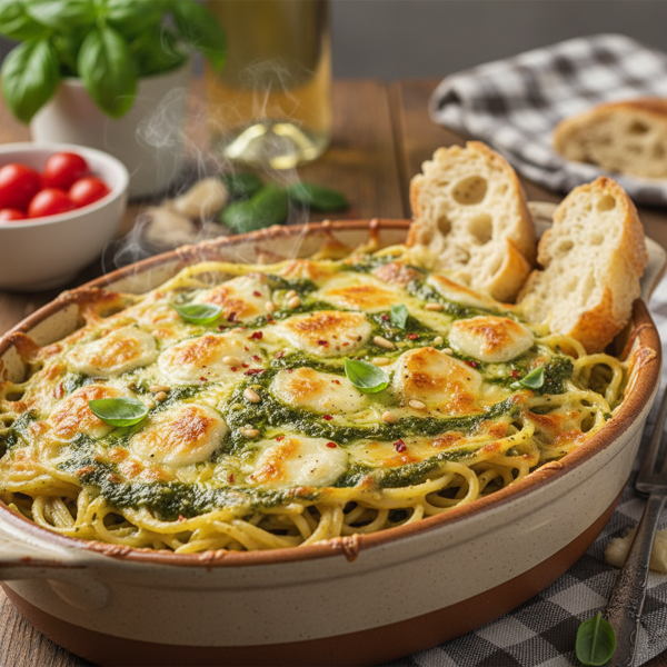 Creamy Four-Cheese Pesto Baked Spaghetti recipe