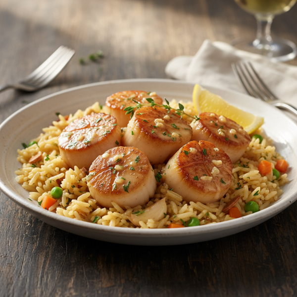 Creamy Garlic-Butter Scallops with Rice Pilaf recipe