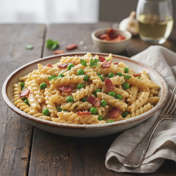 Creamy Garlic Bacon Penne with Sweet Peas recipe