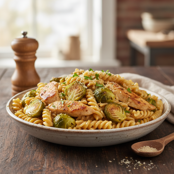 Creamy Garlic Chicken Pasta with Brussels Sprouts recipe