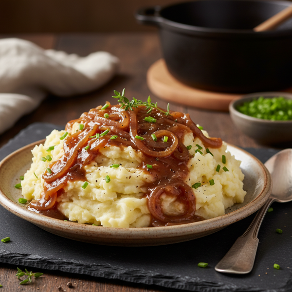 Creamy Garlic Mashed Potatoes with Savory Onion Gravy recipe