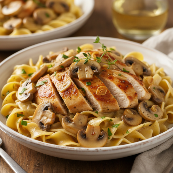 Creamy Garlic Mushroom Chicken Over Noodles recipe