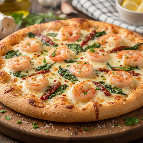 Creamy Garlic Shrimp Pizza recipe