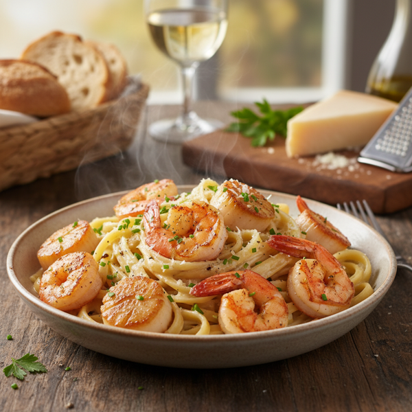Creamy Garlic Shrimp and Scallop Fettuccine Alfredo recipe