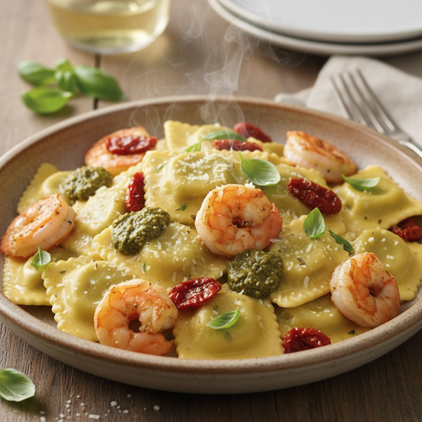 Creamy Garlic Shrimp and Sun-Dried Tomato Pesto Ravioli recipe