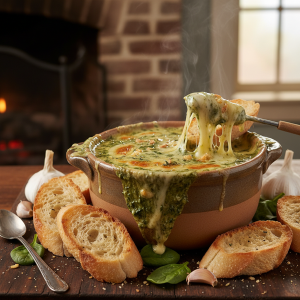 Creamy Garlic Spinach Fondue with Artisan Baguette recipe