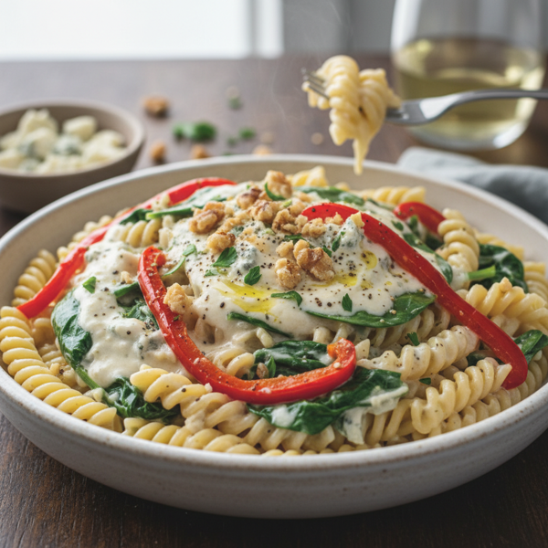 Creamy Gorgonzola Pasta Delight with Spinach and Roasted Red Peppers recipe