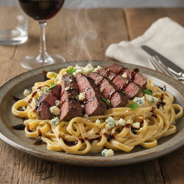 Creamy Gorgonzola Steak Alfredo with Balsamic Reduction recipe