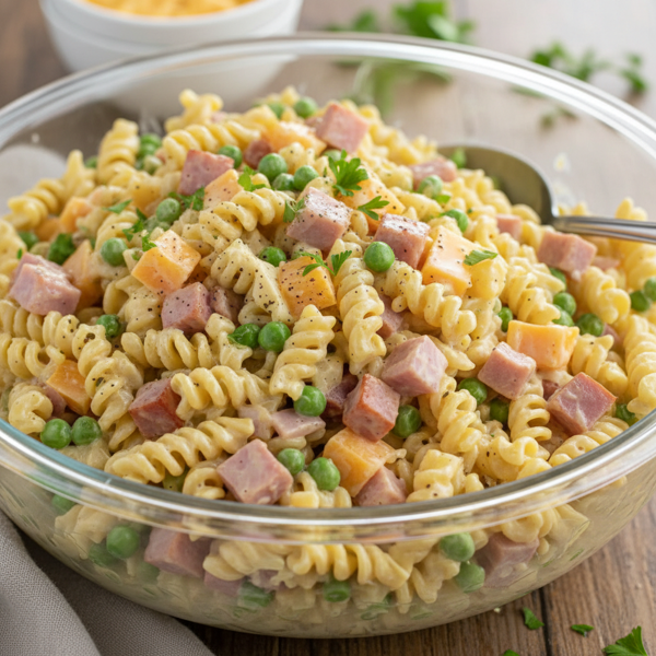 Creamy Ham, Peas, and Cheddar Pasta Salad recipe