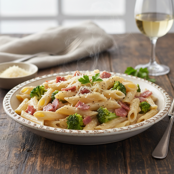 Creamy Ham and Broccoli Penne Alfredo recipe