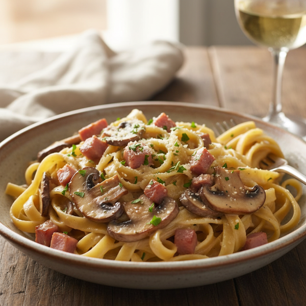 Creamy Ham and Mushroom Fettuccine Delight recipe