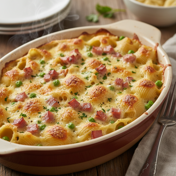 Creamy Ham and Pea Shells Bake recipe