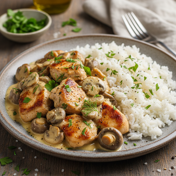 Creamy Herb-Enriched Chicken and Mushroom Delight with Rice recipe