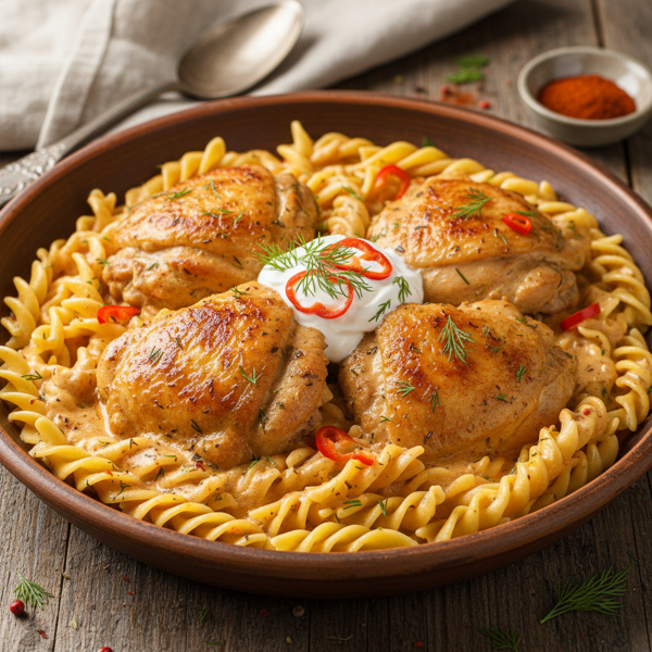 Creamy Hungarian Chicken Thighs with Egg Noodles recipe