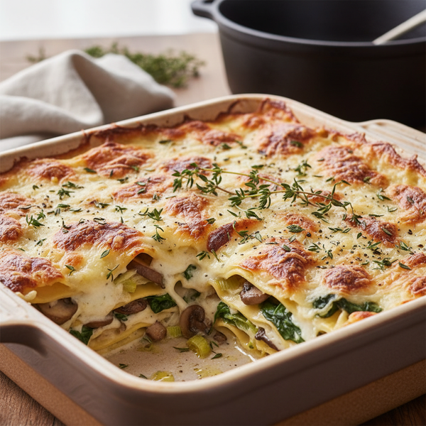 Creamy Leek and Mushroom Lasagna with Thyme Infusion recipe