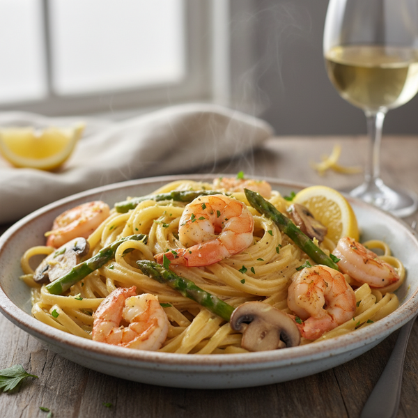 Creamy Lemon Shrimp Fettuccine with Asparagus and Mushrooms recipe