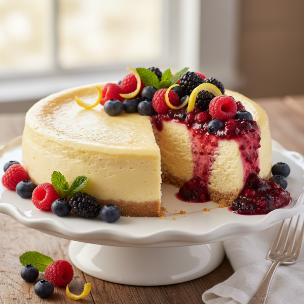 Creamy Lemony Bliss Cheesecake with Berry Drizzle recipe