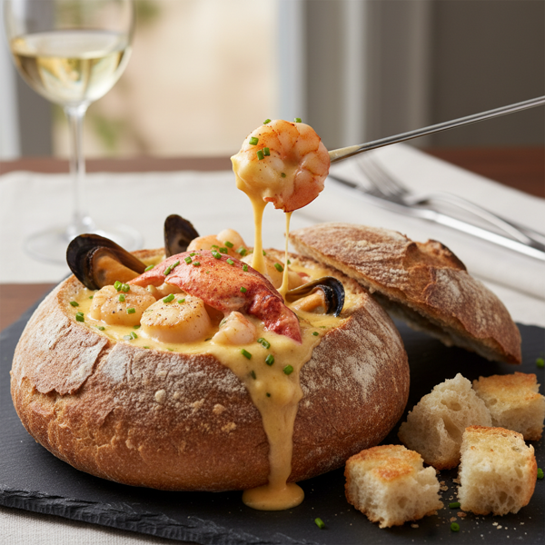 Creamy Lobster and Seafood Fondue in Artisan Bread Bowl recipe