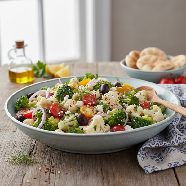 Creamy Mediterranean Broccoli & Cauliflower Salad recipe