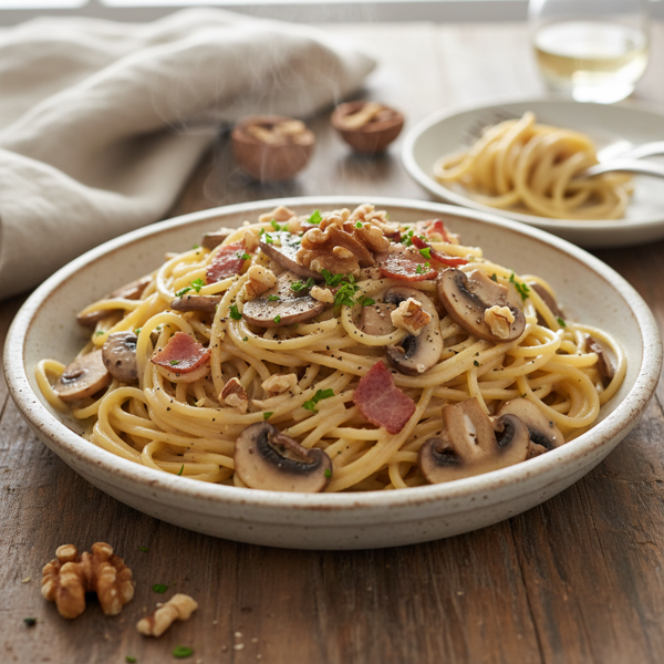 Creamy Mushroom, Bacon, and Walnut Spaghetti recipe