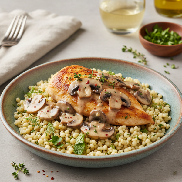 Creamy Mushroom Chicken Over Herbed Couscous recipe