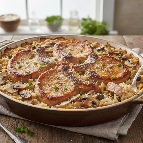 Creamy Mushroom Pork Chops and Rice Bake recipe