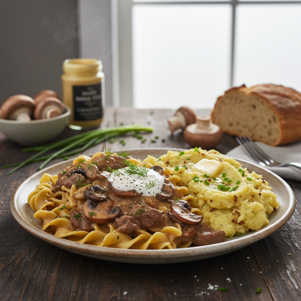 Creamy Mushroom Stroganoff with Mustard Chive Mashed Potatoes recipe