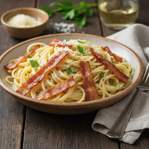 Creamy No-Egg Carbonara with Turkey Bacon recipe