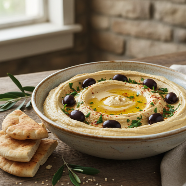 Creamy Organic Hummus with Tahini and Kalamata Olives recipe