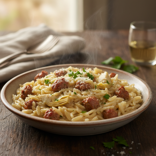 Creamy Orzo Risotto with Italian Sausage and Tender Artichokes recipe