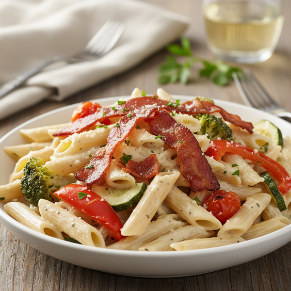Creamy Pasta with Roasted Veggie Medley and Turkey Bacon recipe