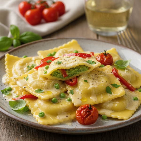 Creamy Pea & Roasted Red Pepper Ravioli recipe