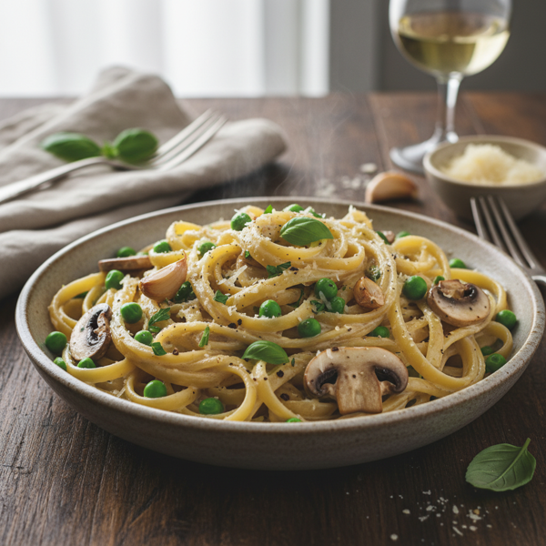 Creamy Peas and Mushroom Fettuccine Alfredo recipe