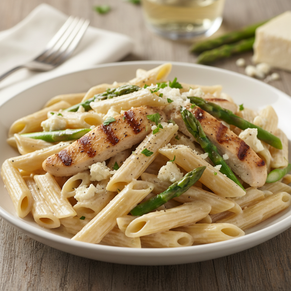 Creamy Penne Pasta with Grilled Chicken, Gorgonzola, and Asparagus recipe