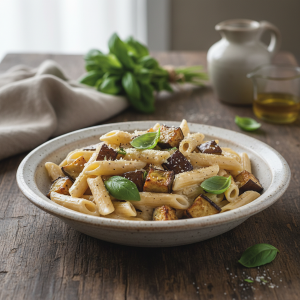 Creamy Penne with Roasted Eggplant and Basil recipe