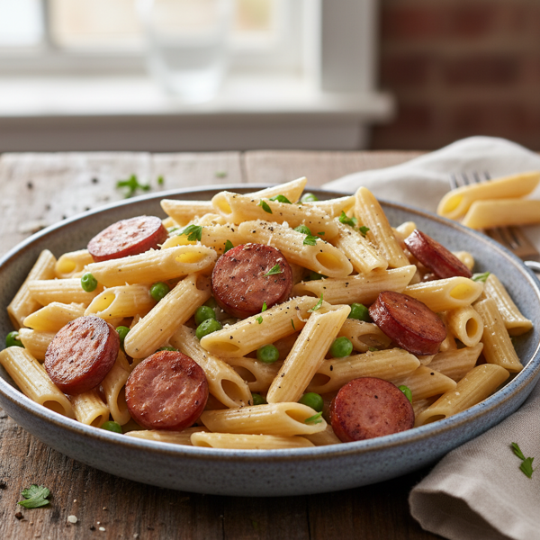 Creamy Penne with Smoked Sausage and Peas recipe
