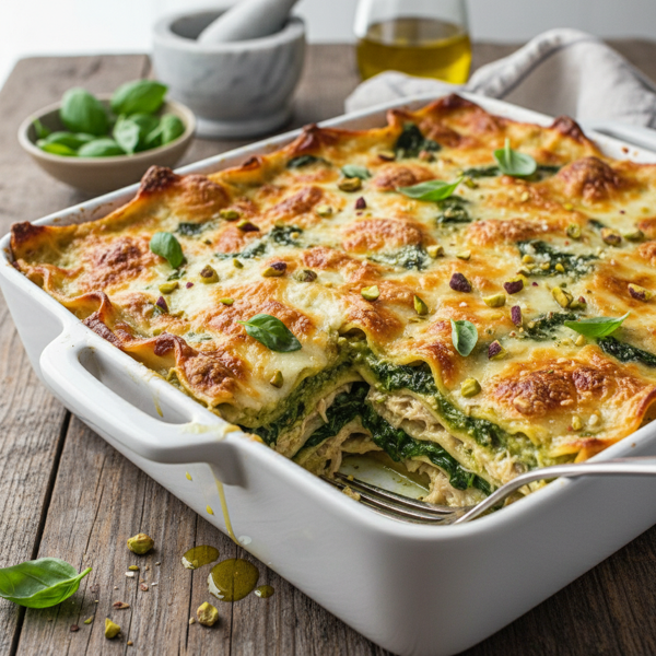 Creamy Pesto Chicken and Spinach Lasagna recipe