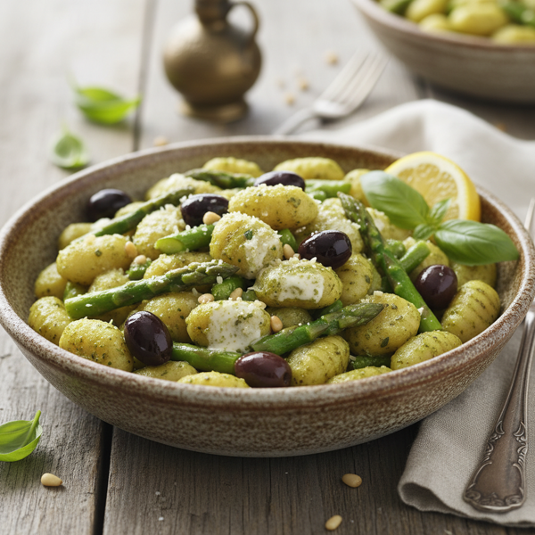 Creamy Pesto Gnocchi with Asparagus and Olives recipe