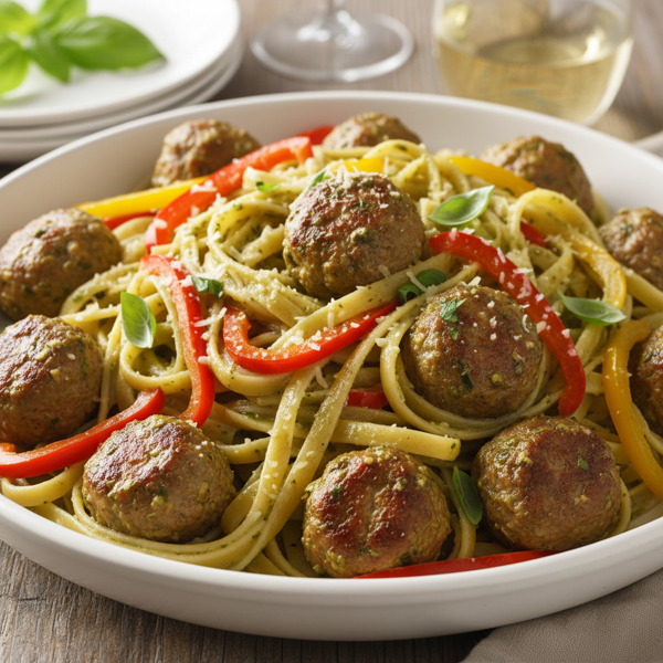 Creamy Pesto Meatballs with Fettuccine and Bell Peppers recipe