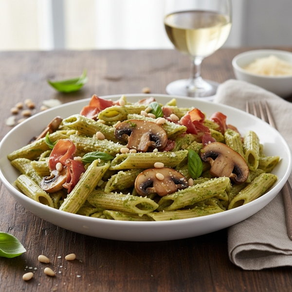 Creamy Pesto Penne with Mushrooms and Prosciutto recipe