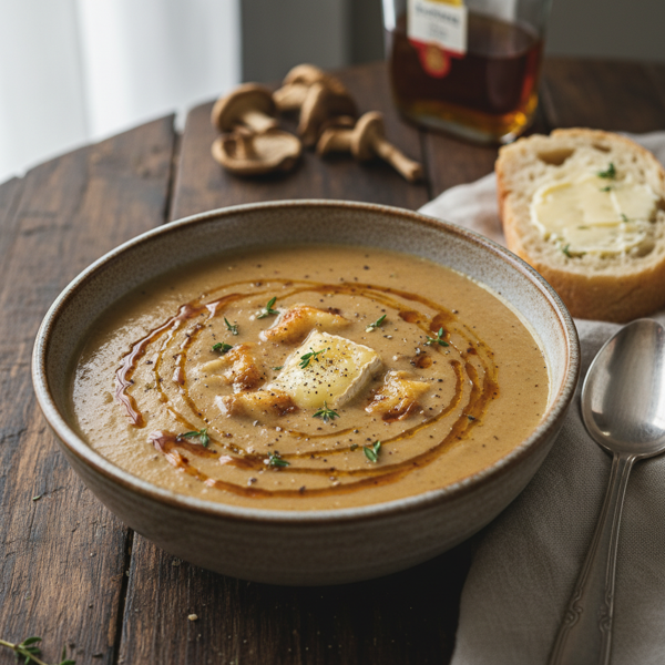 Creamy Porcini Mushroom and Brie Soup with a Sherry Drizzle recipe
