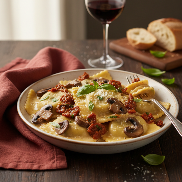 Creamy Portobello Mushroom Ravioli with Sun-Dried Tomato Sauce recipe
