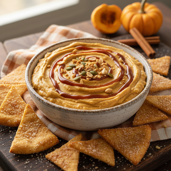 Creamy Pumpkin Peanut Butter Dip with Cinnamon Sugar Pita Chips recipe