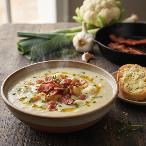 Creamy Roasted Cauliflower, Potato, and Leek Soup with Garlic and Bacon recipe