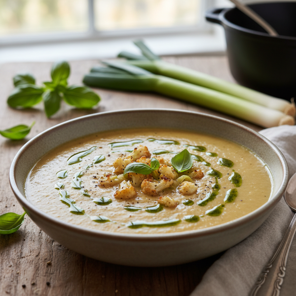 Creamy Roasted Cauliflower & Leek Soup with Basil Swirl recipe