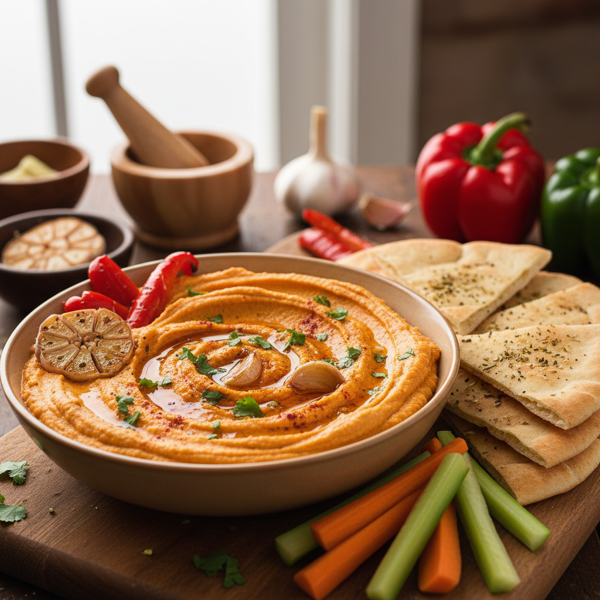 Creamy Roasted Garlic & Red Pepper Hummus recipe