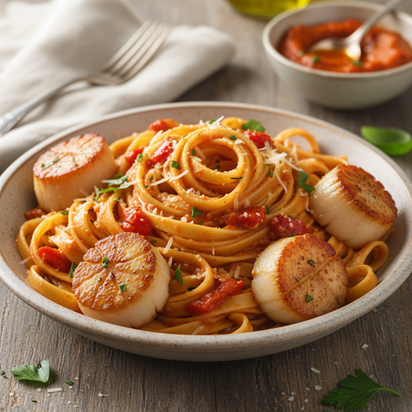 Creamy Roasted Red Pepper Fettuccine with Scallops recipe